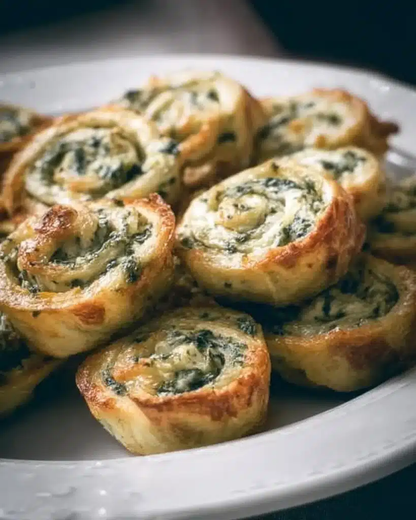 Bite-sized pinwheels filled with creamy spinach dip, perfect for parties.