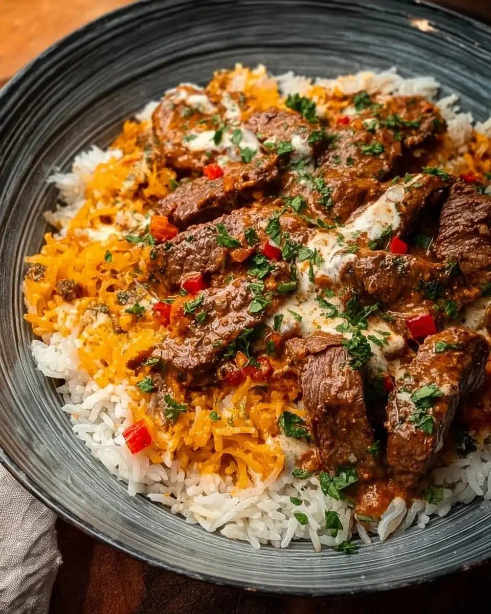 Steak Queso Rice: A Flavorful Recipe 1 Plate of flavorful Steak Queso Rice topped with fresh ingredients.