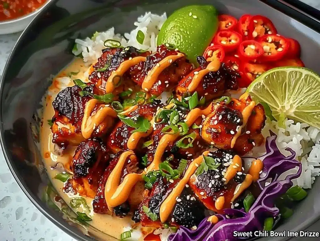 Sweet Chili Chicken Bowl drizzled with Coconut Lime sauce, garnished with fresh herbs.