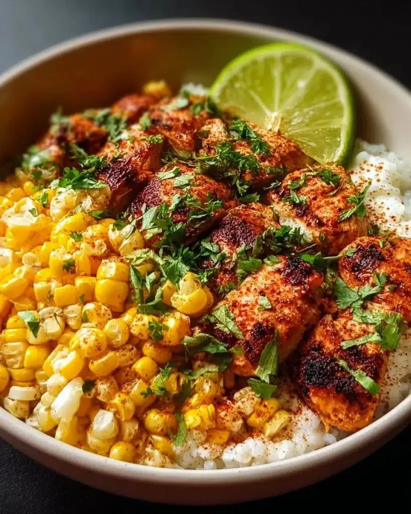 Delicious Tasty Street Corn Chicken Bowl topped with fresh ingredients.