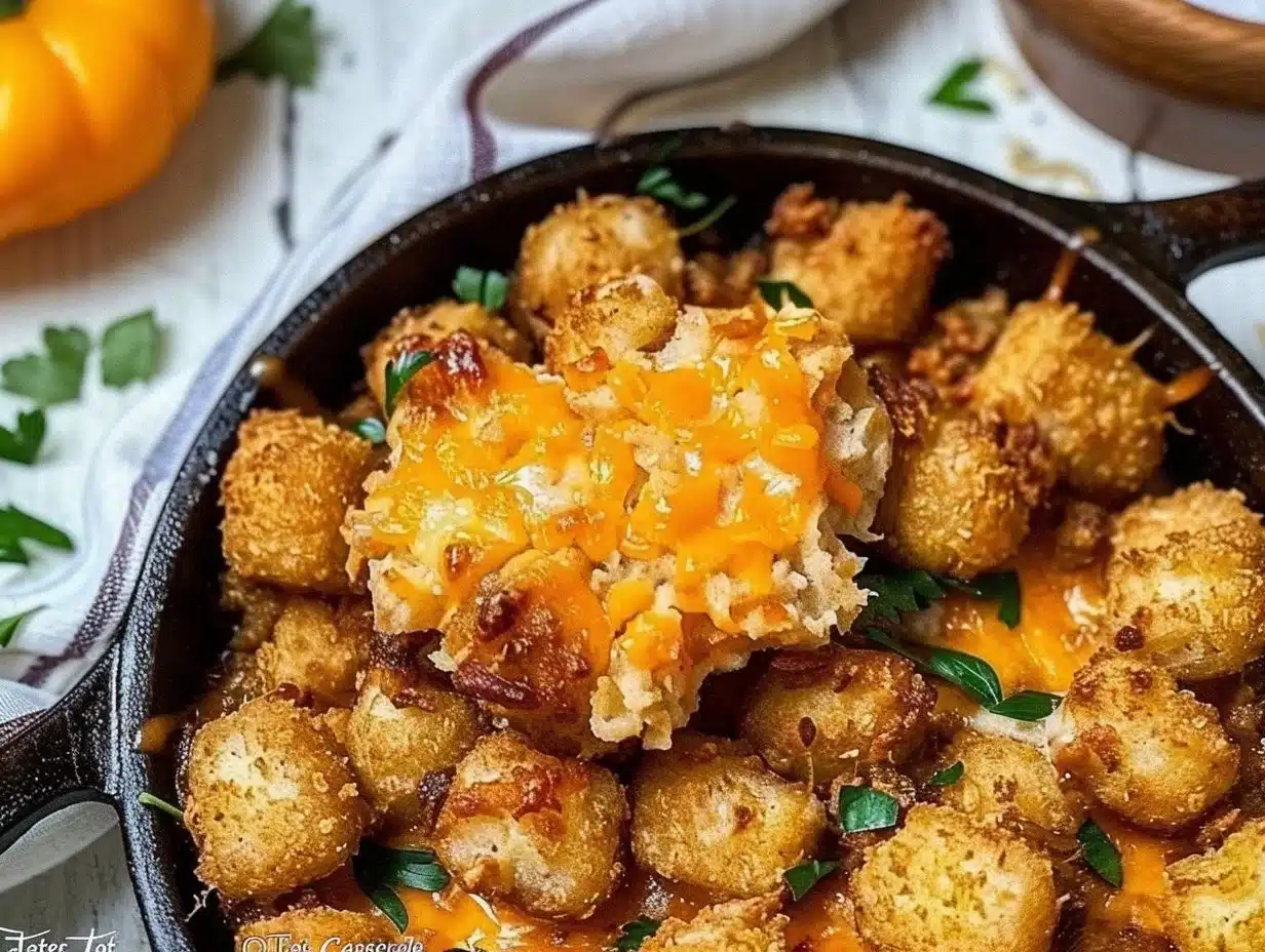 Delicious Tater Tot Casserole topped with crispy golden tater tots and savory ingredients.