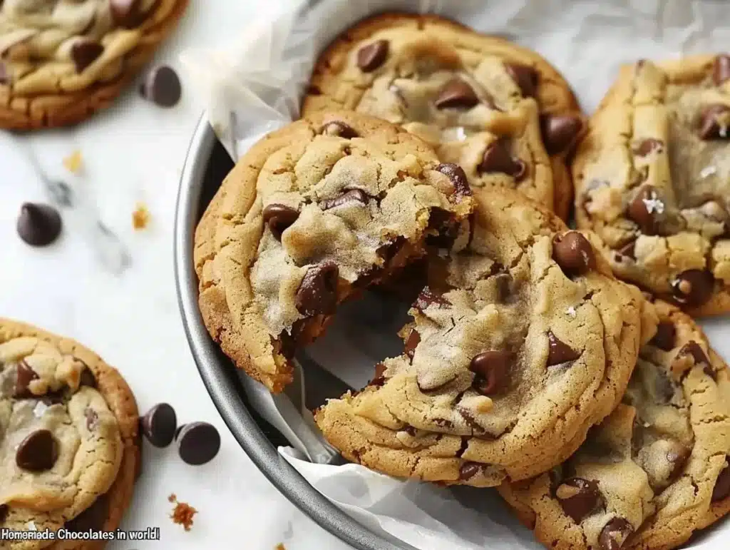 A plate of the best homemade chocolate chip cookies with melting chocolate chips.