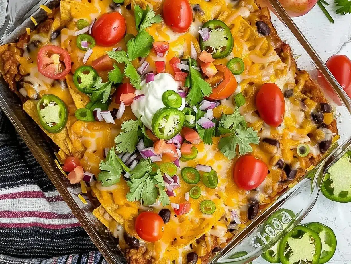 Delicious Walking Taco Casserole with toppings and ingredients laid out